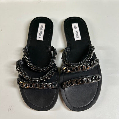 Steve Madden Edged Chain Embellished Slide Sandals Black 3 Strap Womens 7.5