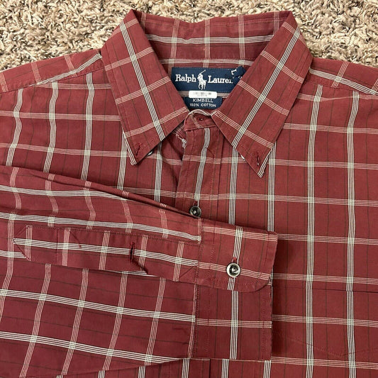 Ralph Lauren Shirt Mens Large Red Check Button Up Long Sleeve Kimbell Casual
