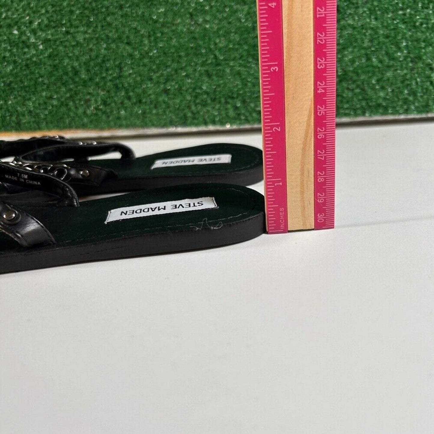 Steve Madden Edged Chain Embellished Slide Sandals Black 3 Strap Womens 7.5