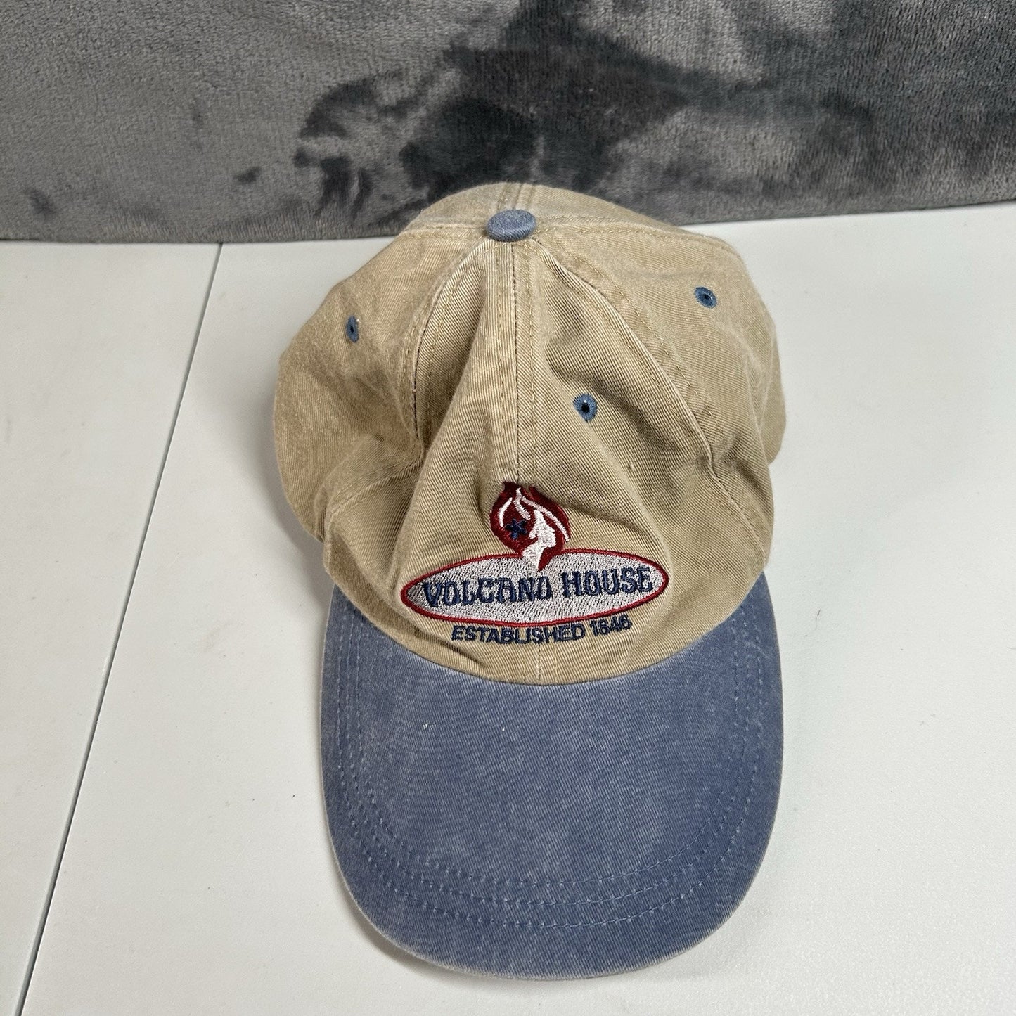 Volcano House Baseball Hat Cap Mens Strap Back Brown Blue Vintage Adjustable