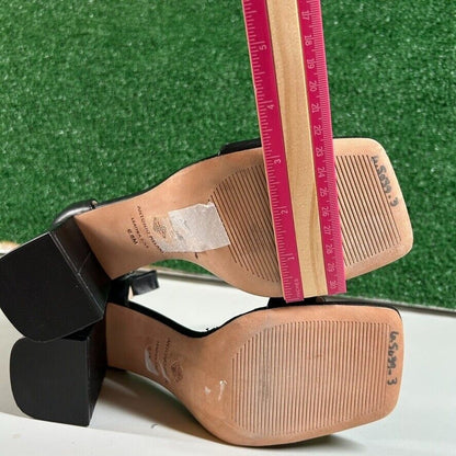 Antonio Melani Black Leather Block Heel Sandals Square Toe Slip On Womens 6.5M