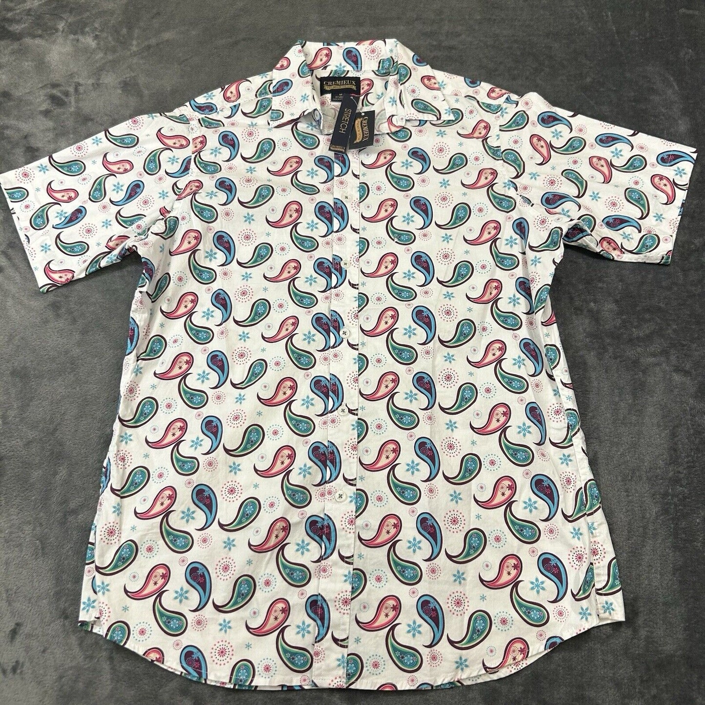 Cremieux Shirt Mens Medium White Paisley Loud Button Up Short Sleeve Stretch NEW