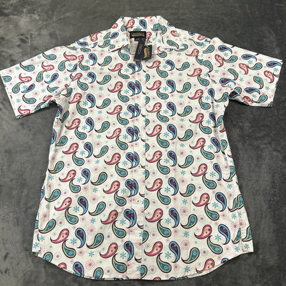 Cremieux Shirt Mens Medium White Paisley Loud Button Up Short Sleeve Stretch NEW