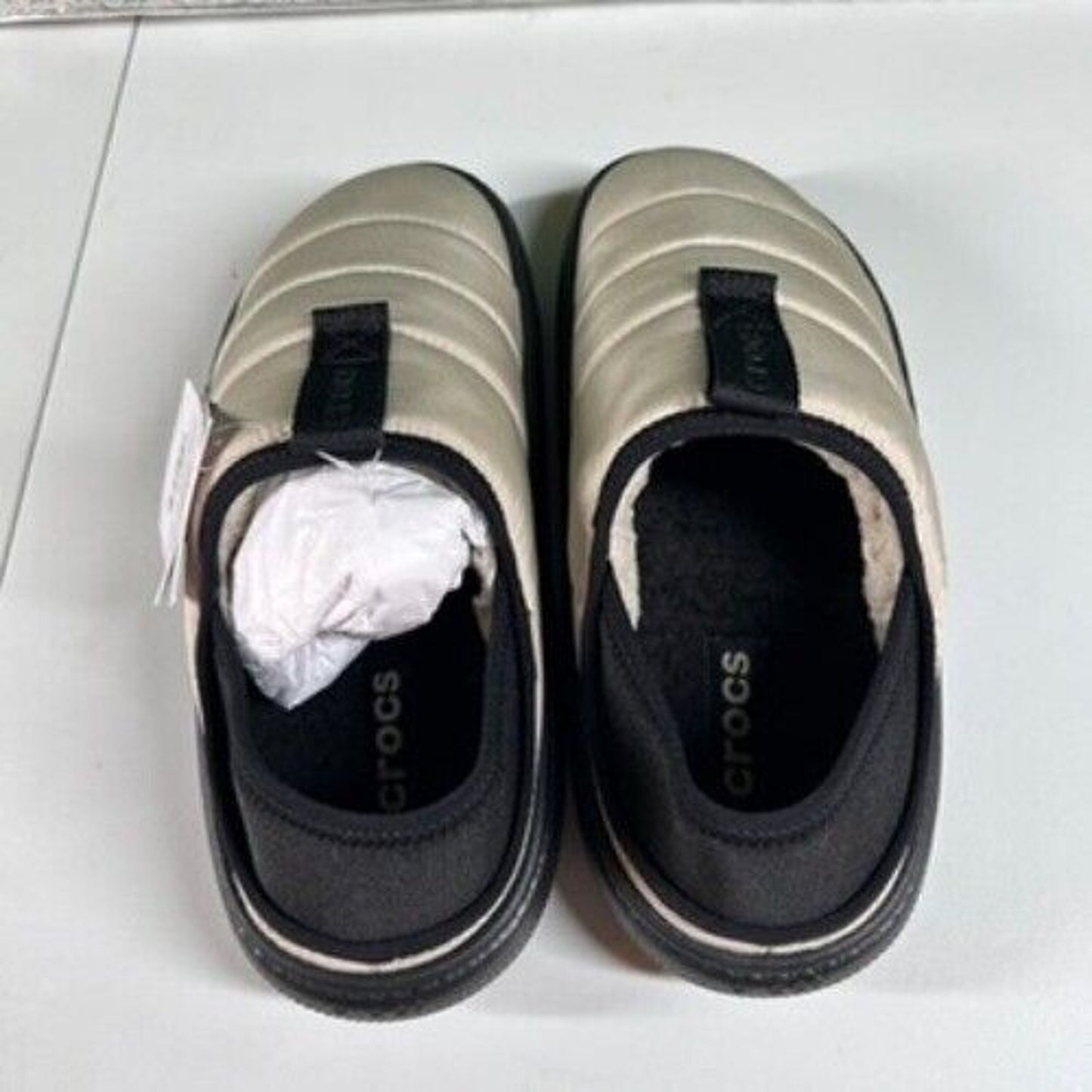 Crocs Classic Puff Mocs Beige Black Slip On Casual Comfort Shoes Womens 7 New