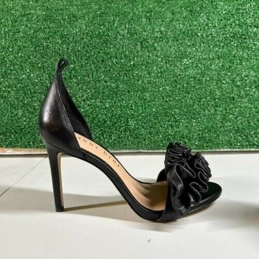 Gianni Bini Black Dress Sandal Ruffle Detail Heels Party Shoes Slip On Womens 8M