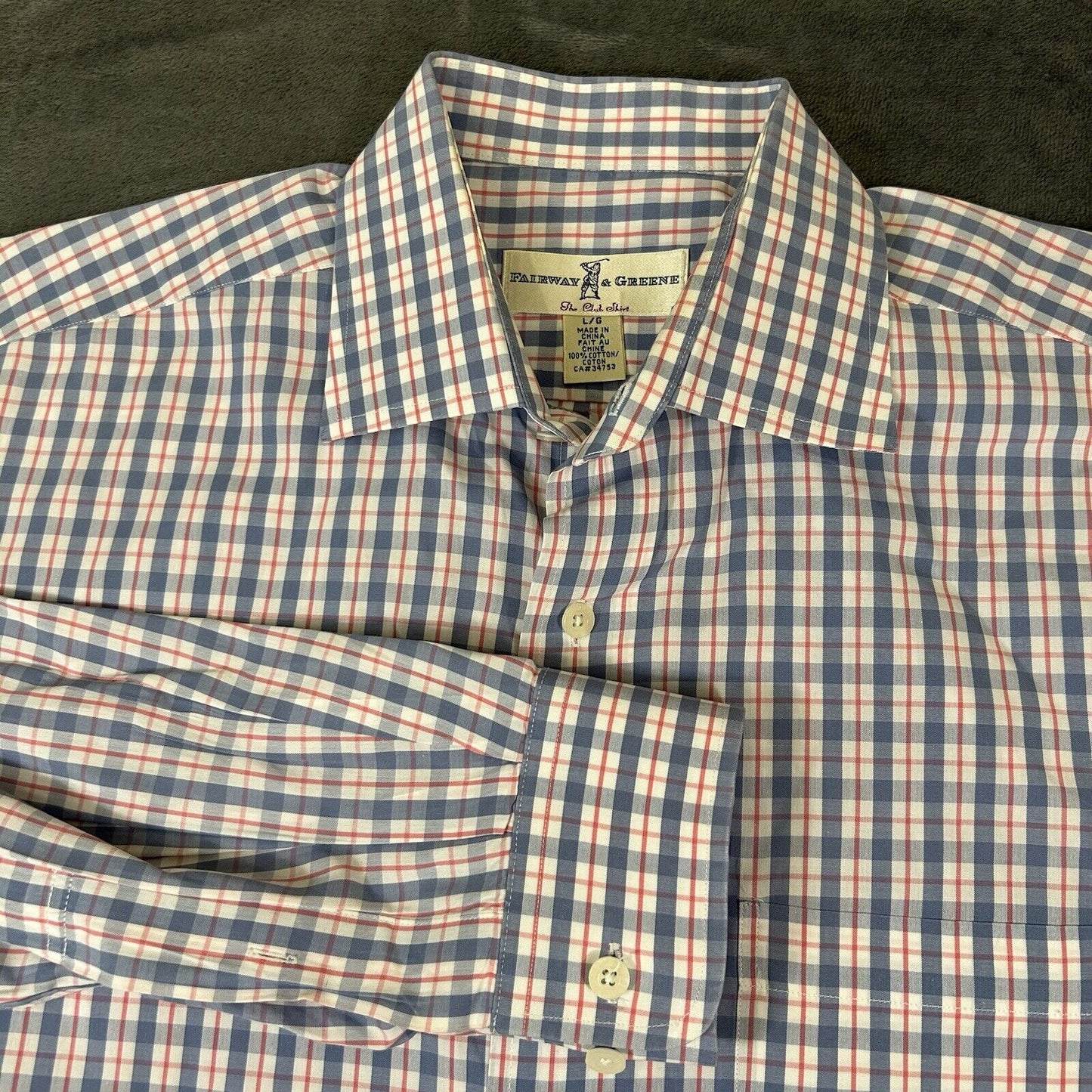 Fairway Greene Shirt Mens Large Blue White Red Check Button Up Long Sleeve Golf