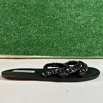 Steve Madden Edged Chain Embellished Slide Sandals Black 3 Strap Womens 7.5