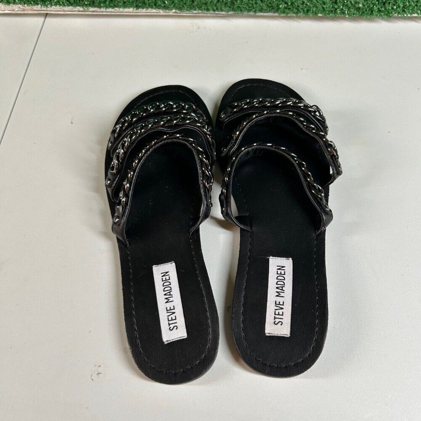 Steve Madden Edged Chain Embellished Slide Sandals Black 3 Strap Womens 7.5