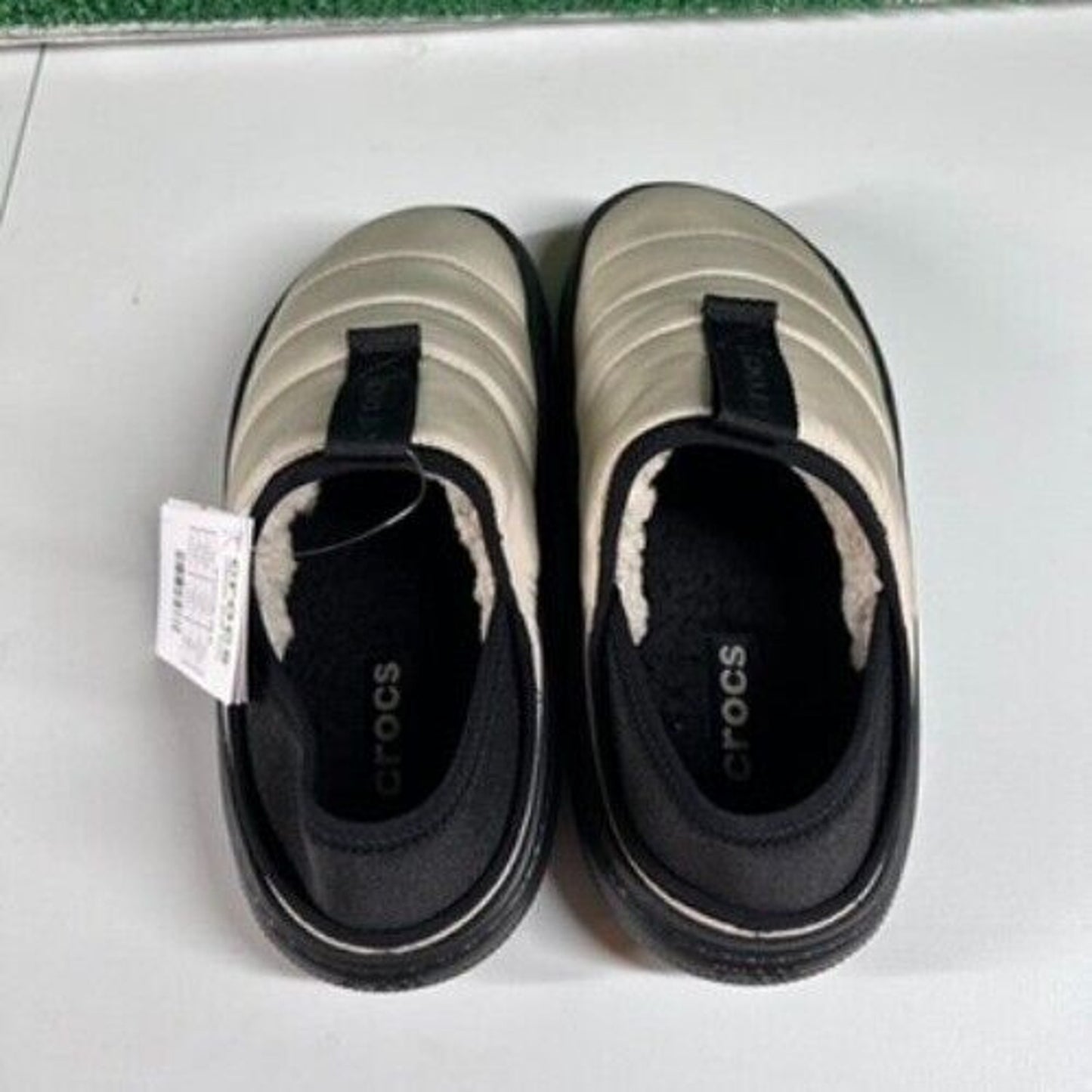 Crocs Classic Puff Mocs Beige Black Slip On Casual Comfort Shoes Womens 6 New