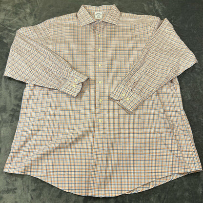Brooks Brothers Shirt Mens 18 4/5 Orange Blue Check Button Up Long Sleeve Work