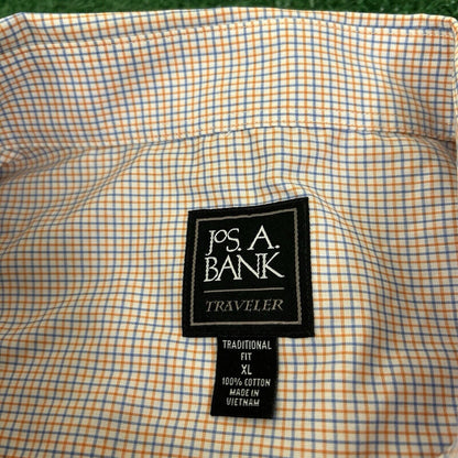 Jos a Bank Shirt Mens Extra Large Blue Orange Check Button Up Short Sleeve Work
