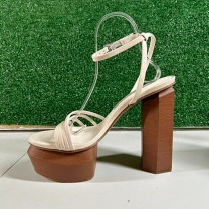 Gianni Bini Parrish Platform Sandals Ankle Strap Chunky Heel Beige Womens 9.5 M