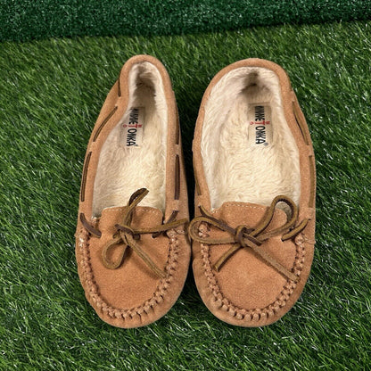 Minnetonka Moccasins Womens 8 M Brown Leather Suede Shoes Slipper Fur Lined