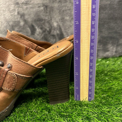 Born Mules Womens 8 M Brown Leather Slip On Heeled Buckle Casual Work Outdoor