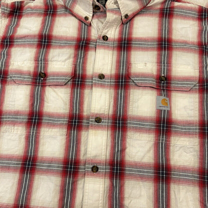 Carhartt Shirt Mens Extra Large White Red Plaid Button Up Short Sleeve Flap