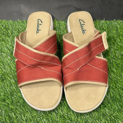 Clarks Sandals Womens 10 M Red White Slides Slip On Strappy Casual Comfort