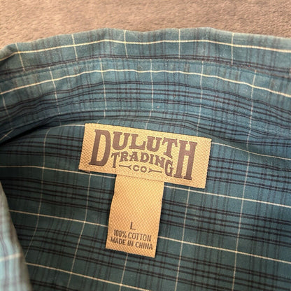 Duluth Trading Shirt Men Large Turquoise Check Preppy Button Up Long Sleeve Work