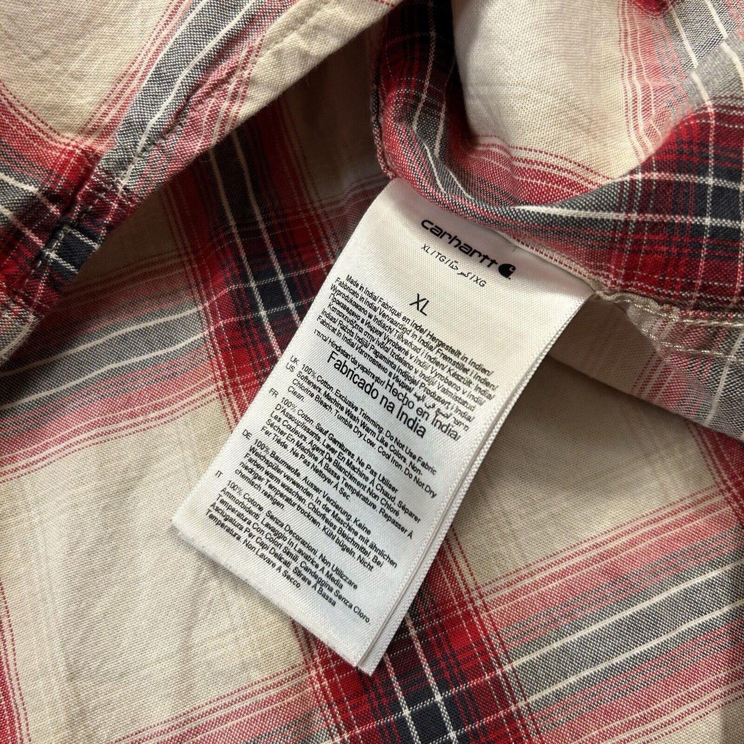 Carhartt Shirt Mens Extra Large White Red Plaid Button Up Short Sleeve Flap