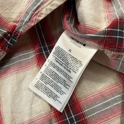 Carhartt Shirt Mens Extra Large White Red Plaid Button Up Short Sleeve Flap