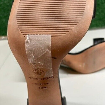 Antonio Melani Black Leather Block Heel Sandals Square Toe Slip On Womens 6.5M