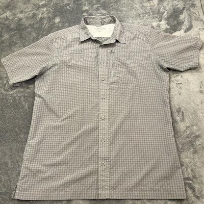 Eddie Bauer Shirt Mens Large Tall LT Gray Plaid Button Up Short Sleeve Pockets