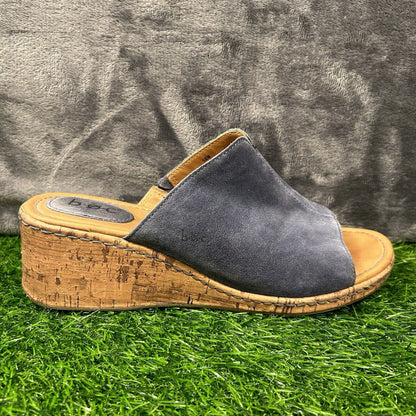 Born BOC Wedge Sandals Womens 10 M Blue Leather Suede Slip On Casual Cork Summer