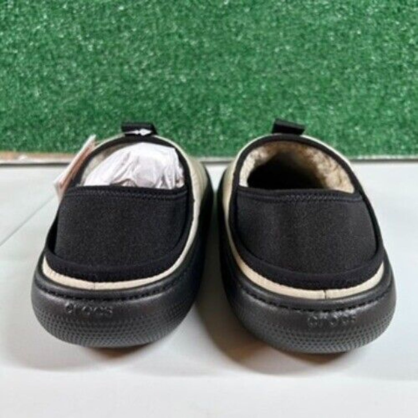 Crocs Classic Puff Mocs Beige Black Slip On Casual Comfort Shoes Womens 7 New