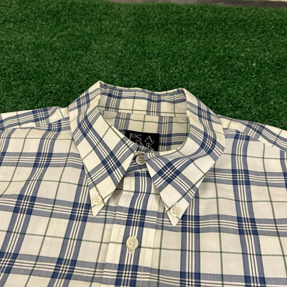 Jos A Bank Shirt Mens Large Blue White Plaid Button Up Short Sleeve Preppy Work