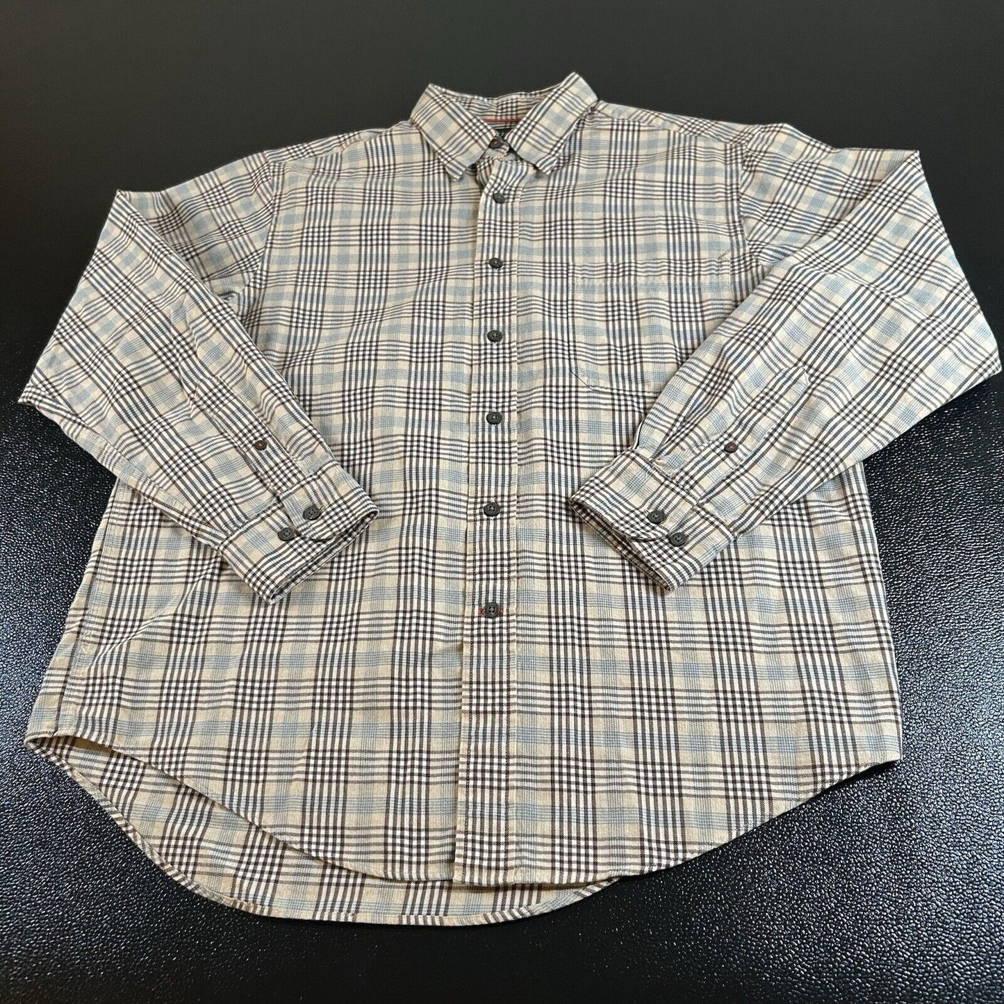 St Johns Bay Shirt Mens Medium Beige Blue Plaid Colorful Button Up Long Sleeve