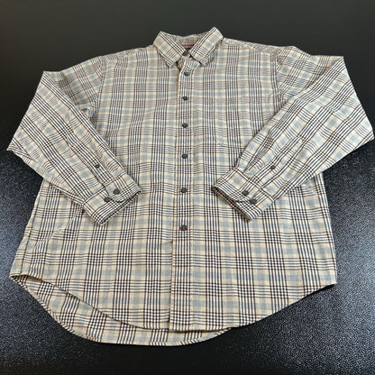 St Johns Bay Shirt Mens Medium Beige Blue Plaid Colorful Button Up Long Sleeve