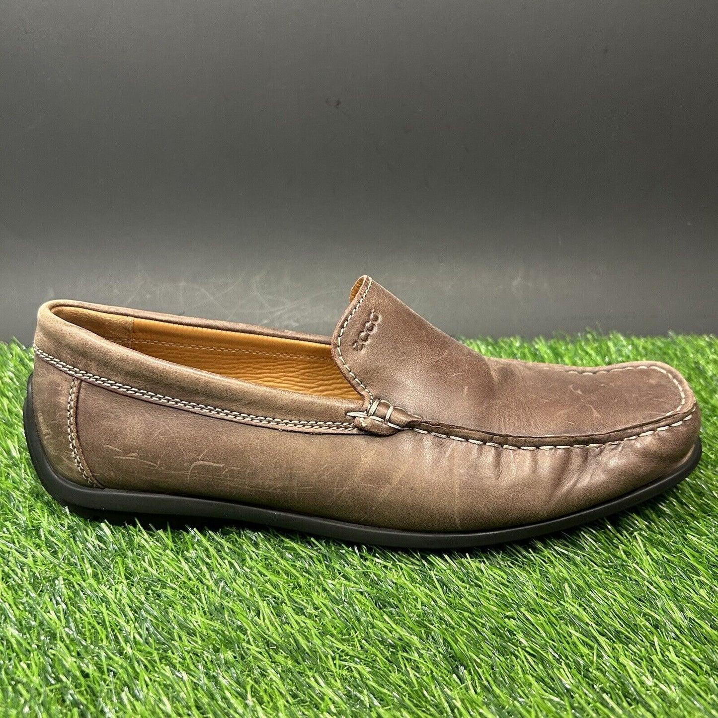 ECCO Loafer Mens 9 Brown Shoes Leather Slip On Casual Driving Comfort Square Toe