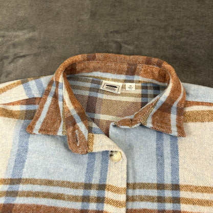 Ford Bronco Flannel Shirt Womens Extra Small Blue Plaid Button Up Long Sleeve