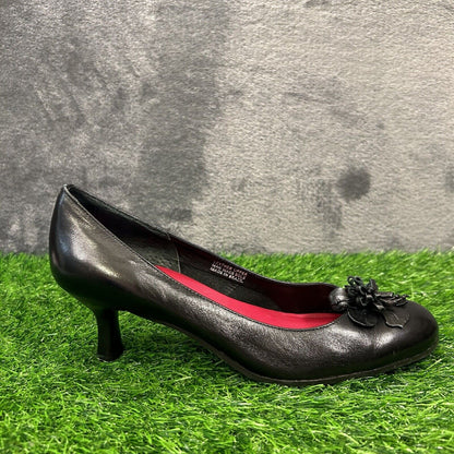 Etienne Aigner Heels Womens 7.5 M Black Pumps Leahter Casual Work Flower Preppy