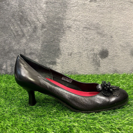 Etienne Aigner Heels Womens 7.5 M Black Pumps Leahter Casual Work Flower Preppy