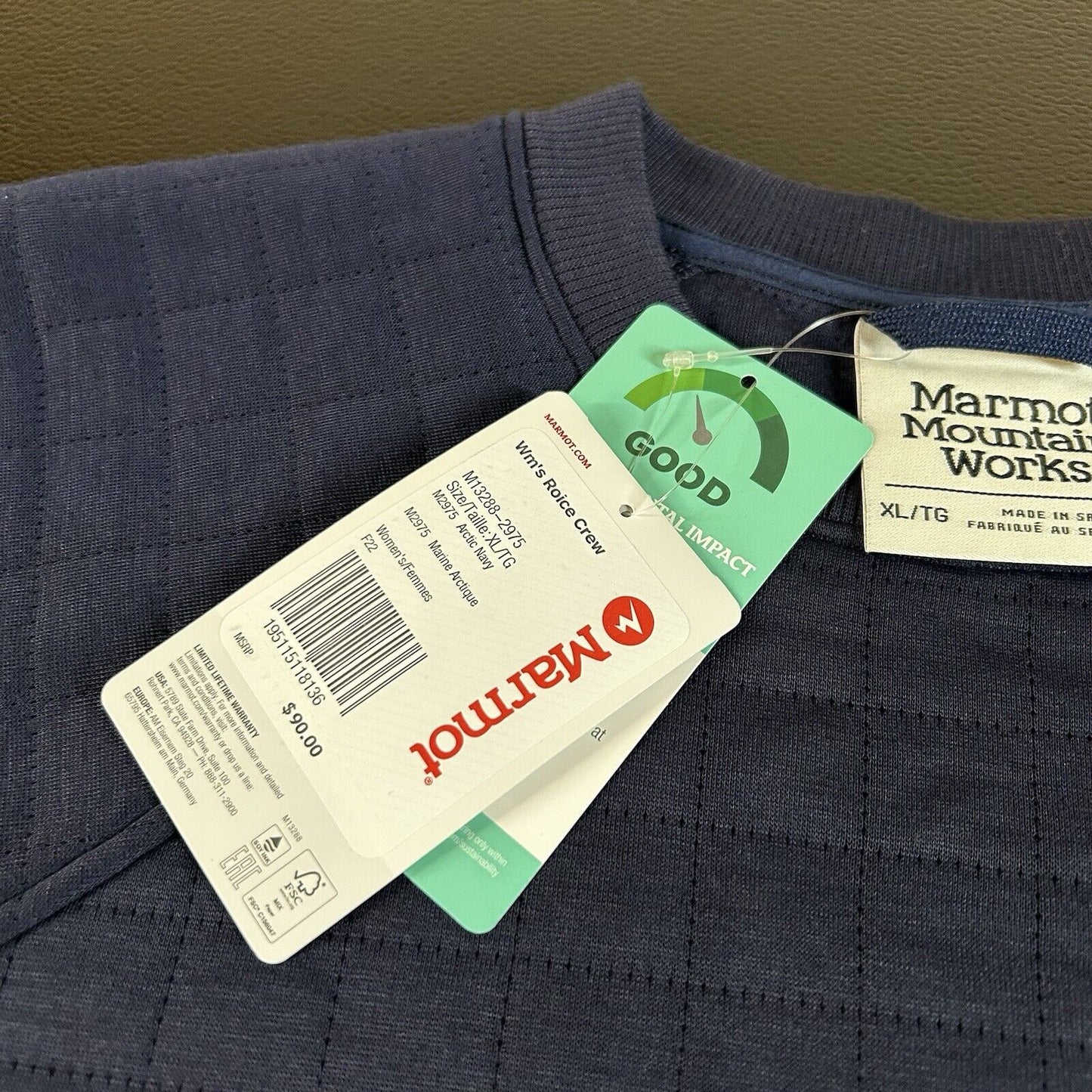 Marmot Roice Crew Sweater Womens Extra Large Navy Pullover Quilted New $90