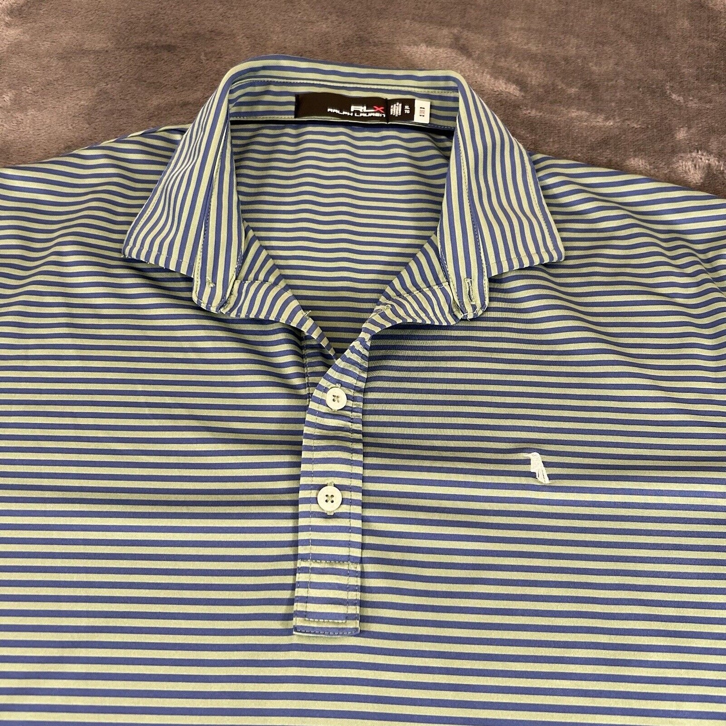 RLX Ralph Lauren Polo Shirt Mens Extra Large Green Blue Stripe Short Sleeve Golf