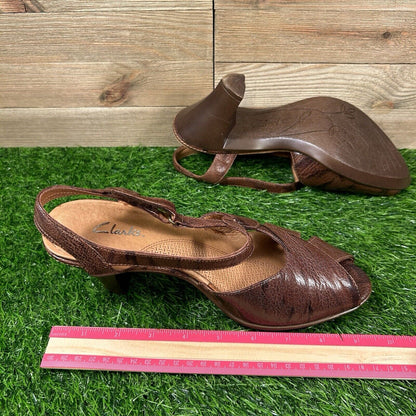 Clarks Eliza Sandals Womens 8 M Brown Slingback Hook & Loop Heeled Peep Toe