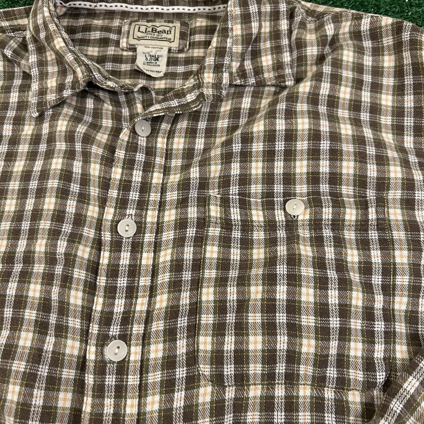 LL Bean Flannel Shirt Men Large Tall Brown Green Plaid Button Up Long Sleeve