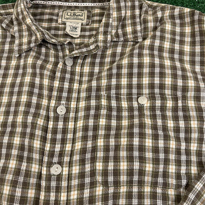 LL Bean Flannel Shirt Men Large Tall Brown Green Plaid Button Up Long Sleeve