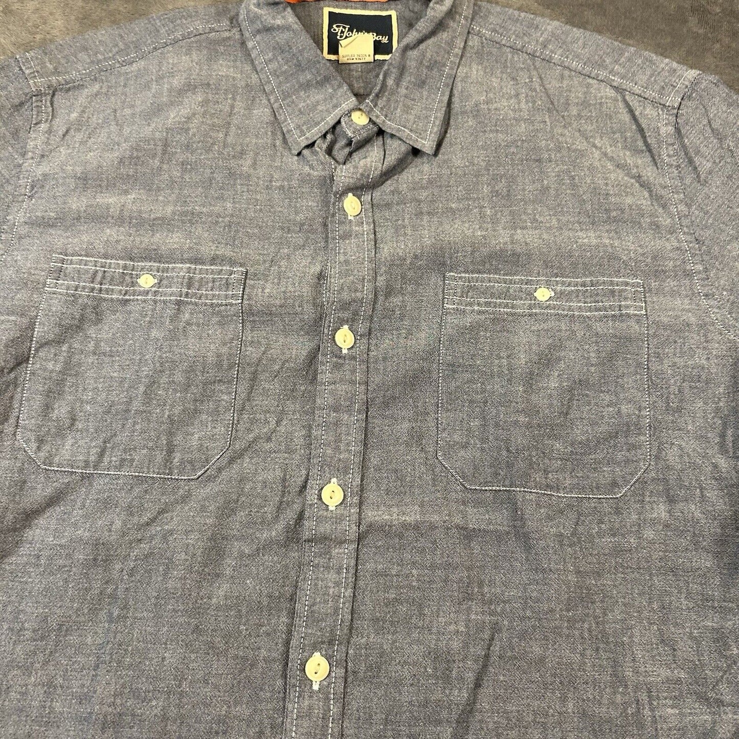 St Johns Bay Shirt Mens Large Blue Button Up Short Sleeve Double Pocket Casual