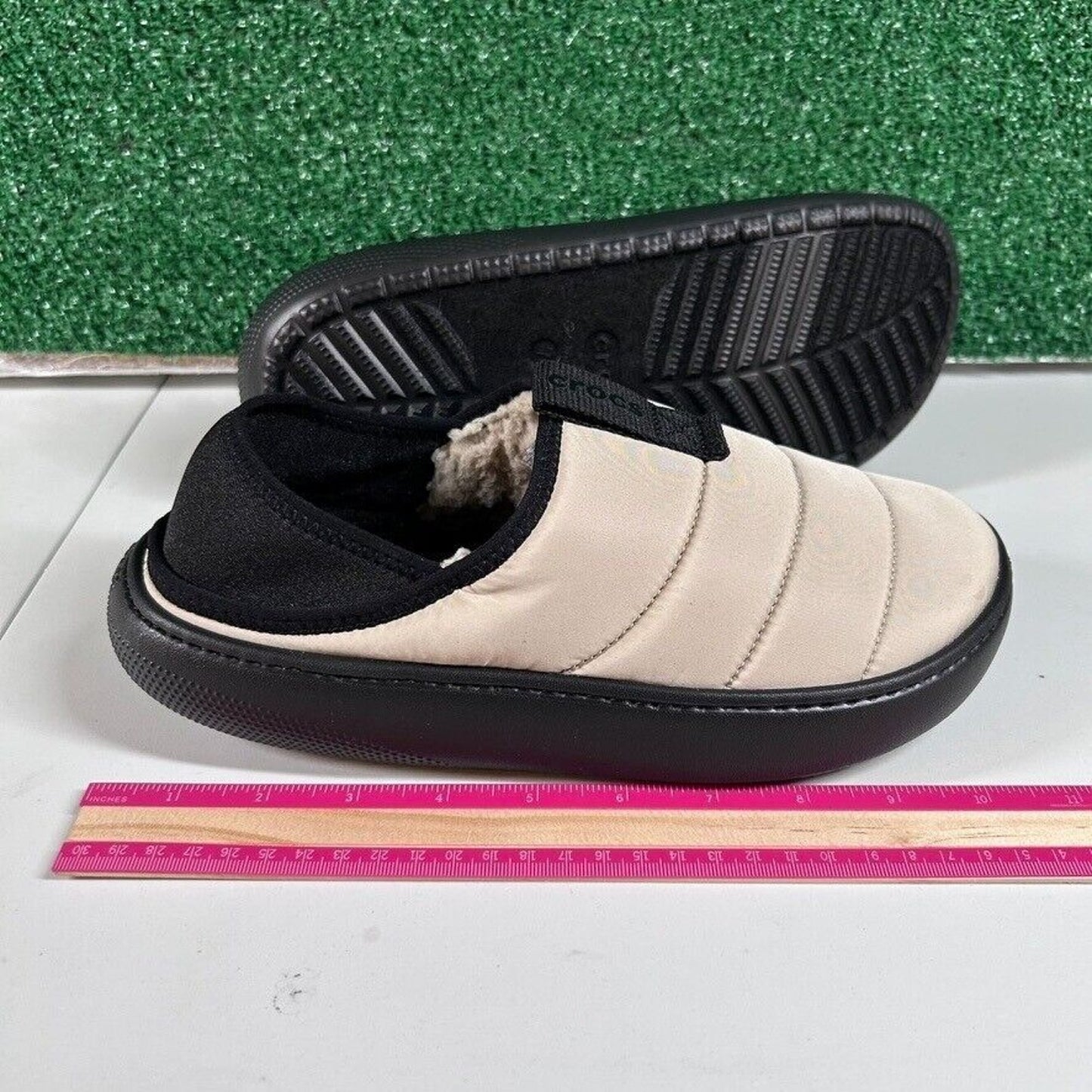 Crocs Classic Puff Mocs Beige Black Slip On Casual Comfort Shoes Womens 9 New