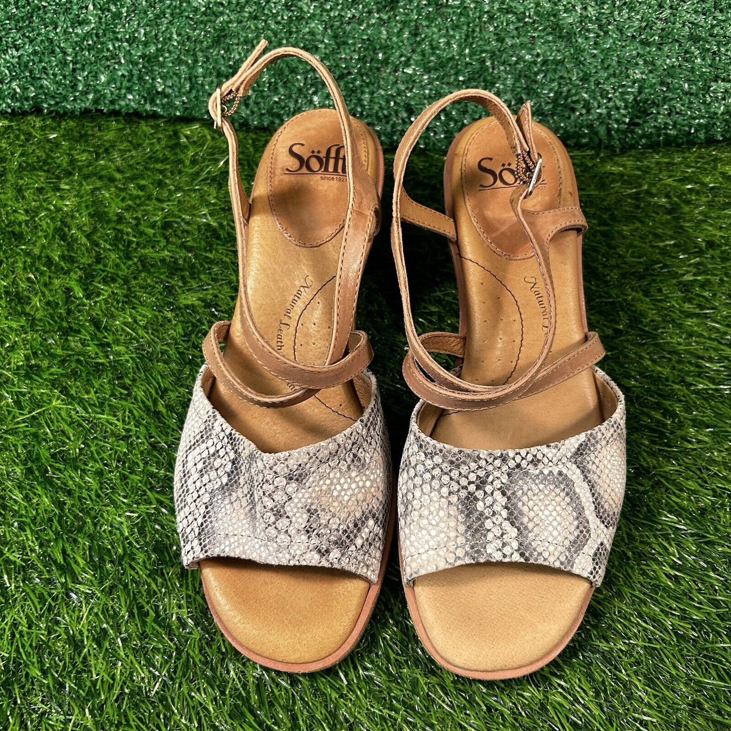Sofft Piara Sandals Womens 8 M White Brown Leather Snakeskin Ankle Strap Wedge