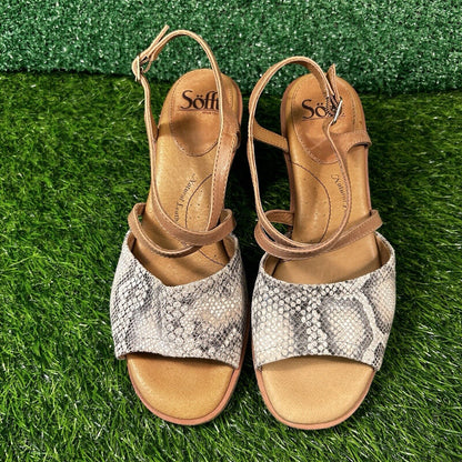 Sofft Piara Sandals Womens 8 M White Brown Leather Snakeskin Ankle Strap Wedge