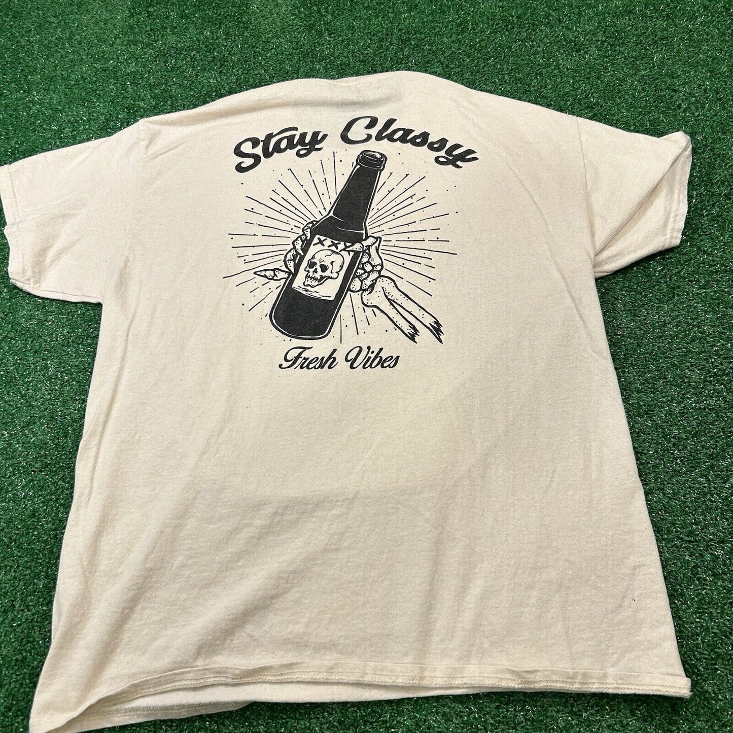 Fresh Vibes Shirt Mens Large Beige Short Sleeve Skulls Beer Skeleton Graphic Tee