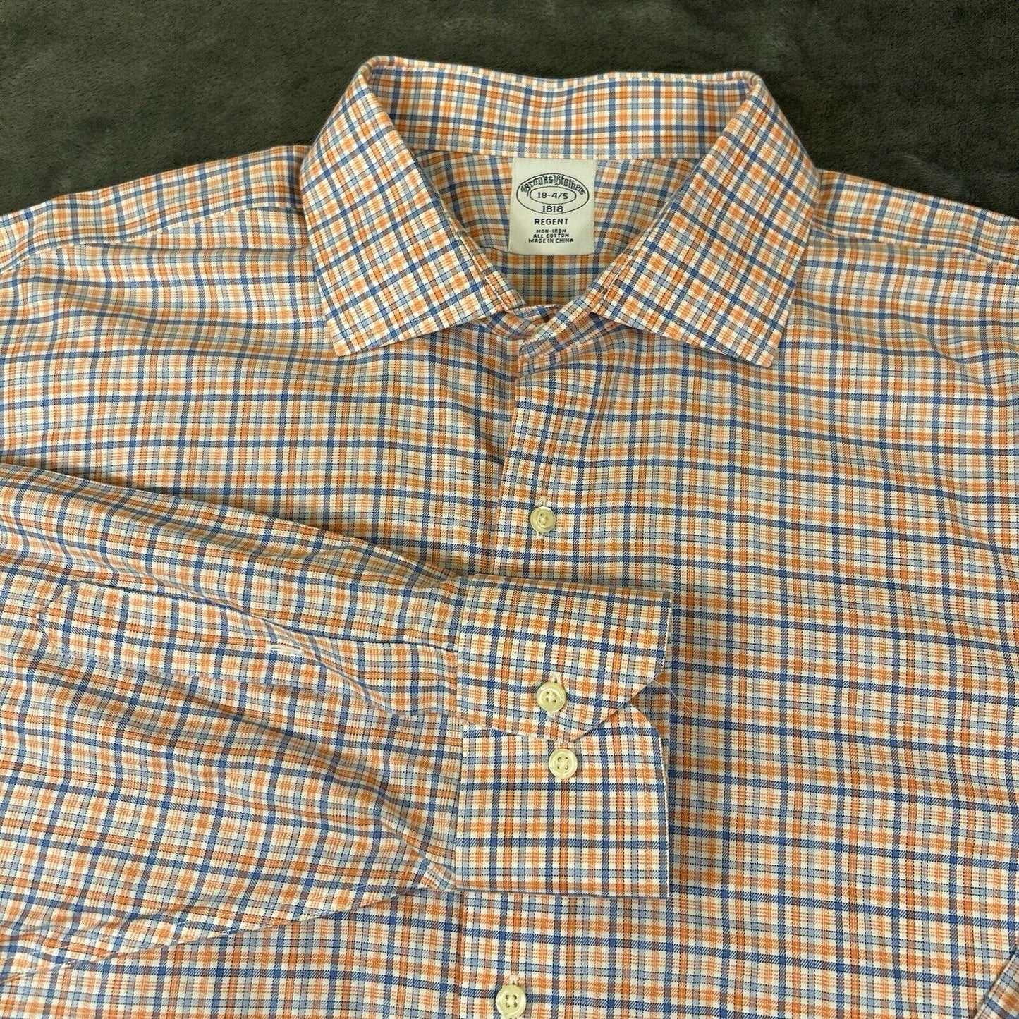 Brooks Brothers Shirt Mens 18 4/5 Orange Blue Check Button Up Long Sleeve Work