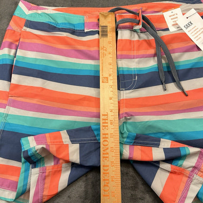 SAXX Betawave 2N1 Board Shorts Men 34" Orange Blue Striped Drawstring Swim NEW