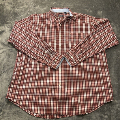 IZOD Shirt Mens Large Red White Plaid Button Up Long Sleeve Stretch Casual Work