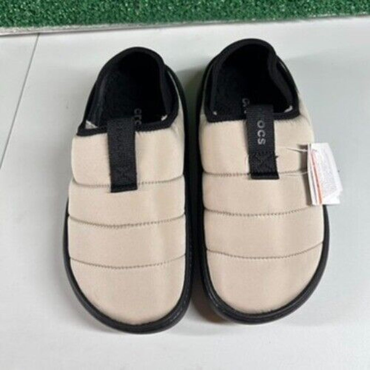Crocs Classic Puff Mocs Beige Black Slip On Casual Comfort Shoes Womens 9 New