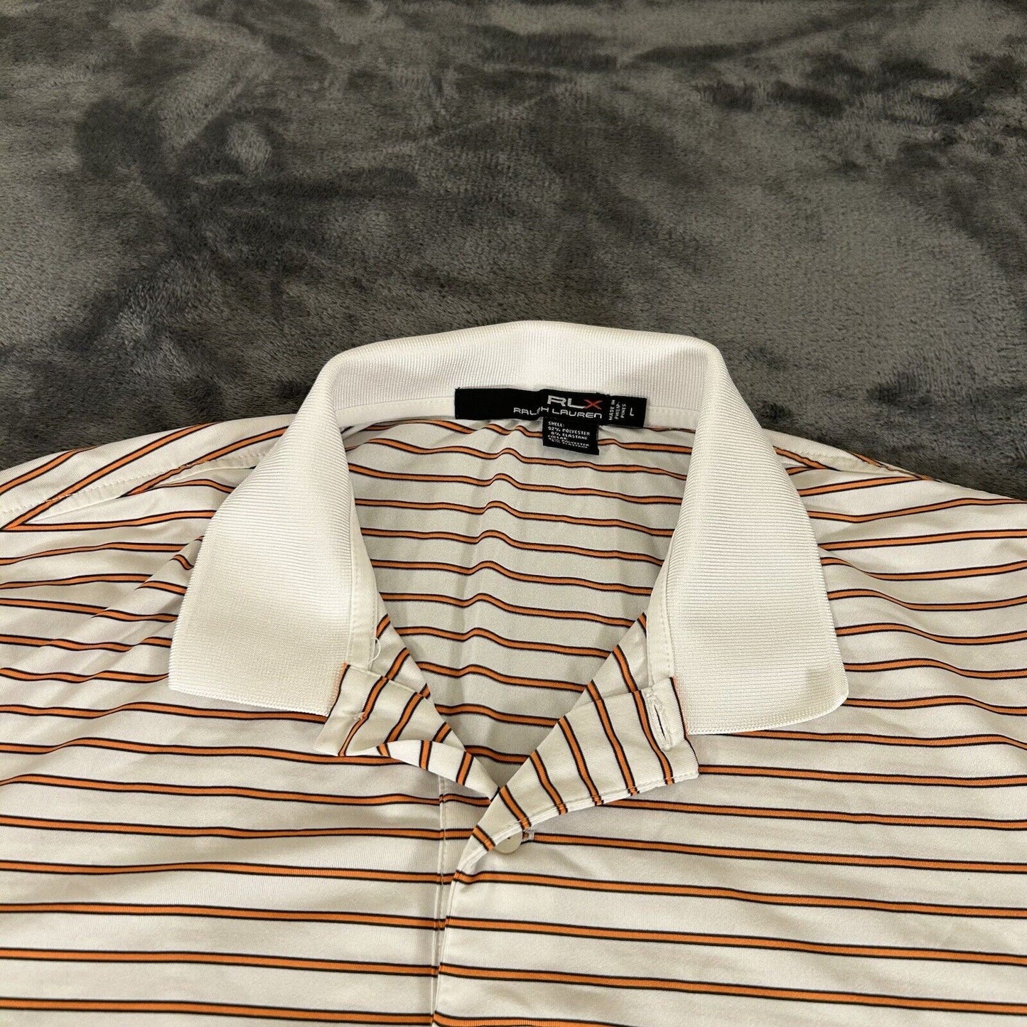 RLX Ralph Lauren Polo Shirt Mens Large White Orange Striped Short Sleeve Golf