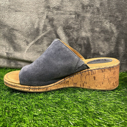 Born BOC Wedge Sandals Womens 10 M Blue Leather Suede Slip On Casual Cork Summer